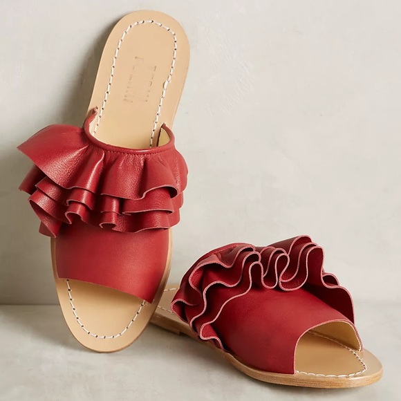 Anthropologie Shoes - Anthropologie red Ruffled Fringe Slide Sandals 40